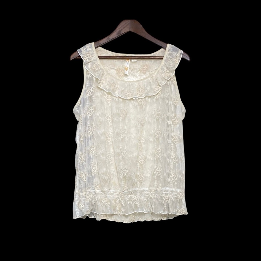 Adiva Sheer Floral Lace Ruffle Tank Top XL Cream Sleeveless Mesh Blouse